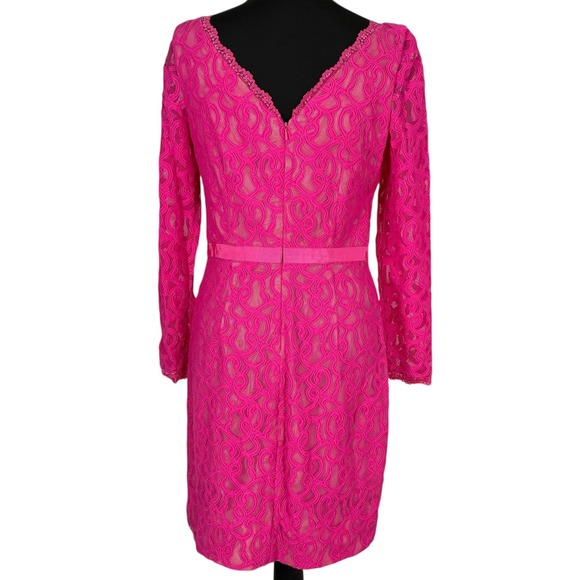 Hot Pink Lace Sheath Dress Long Sleeve V Neck Party Cocktail Sz 4 - Picture 6 of 10